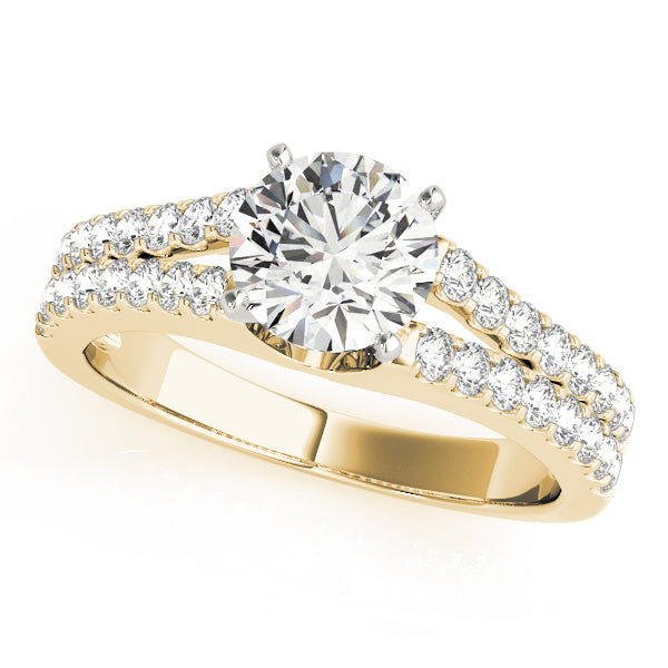 Front view of round lab grown diamond split shank engagement ring in 14K yellow gold
