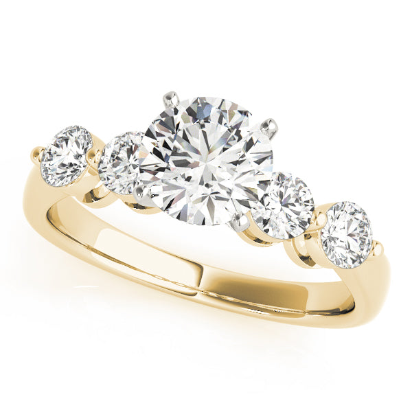 Front view of classic round lab grown diamond five stone engagement ring in 14K yellow gold