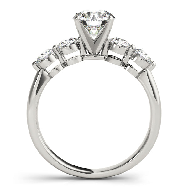 Side profile of white gold lab grown diamond five stone ring with classic basket setting