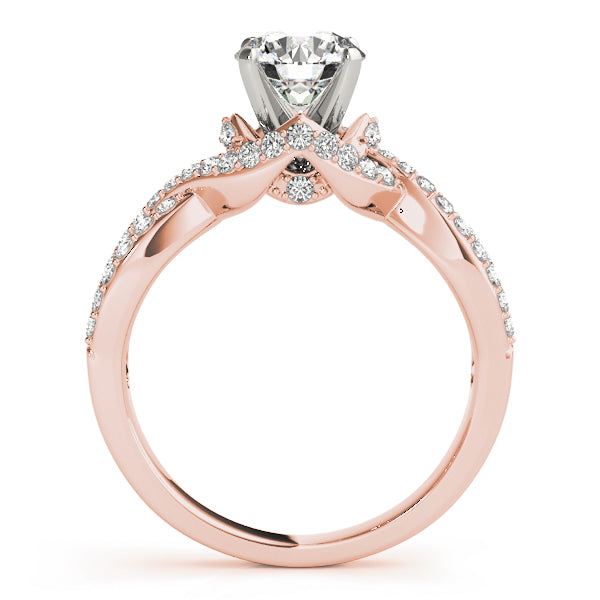 Side view of 14K rose gold infinity ring showing the detailed under-halo trellis profile