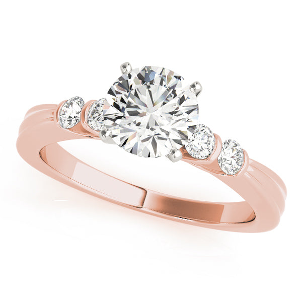 Front angle view of graduated diamond cathedral arch ring in 14K rose gold