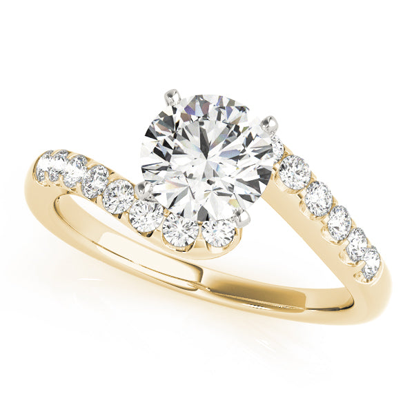 Front angle view of round lab grown diamond bypass engagement ring in 14K yellow gold