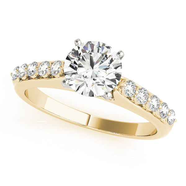 Front angle view of classic round lab grown diamond cathedral engagement ring in 14K yellow gold