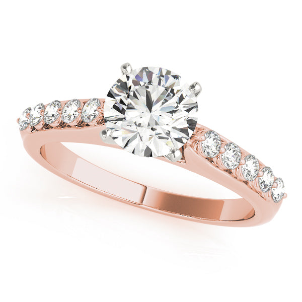 Front angle view of pave diamond accent cathedral wedding ring in 14K rose gold