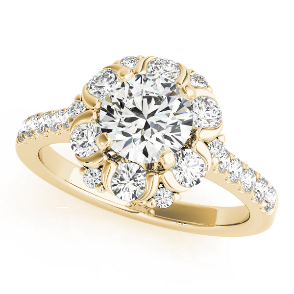 Angled studio view of a 14k yellow gold engagement ring