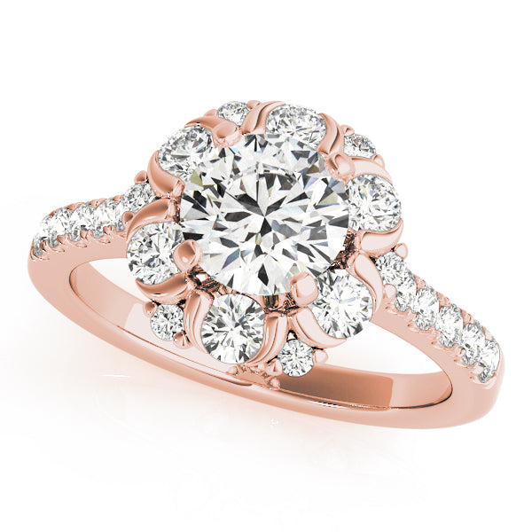 product shot of a rose gold scalloped floral halo diamond ring