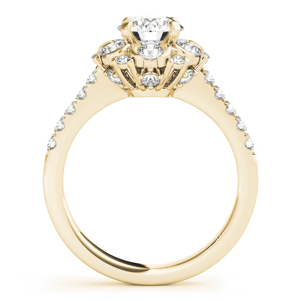 Direct side view of a yellow gold crown halo ring