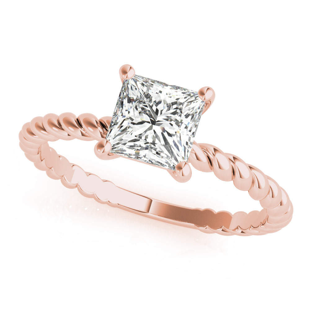 Elegant princess cut lab created diamond solitaire ring on a rose gold twisted rope braided band