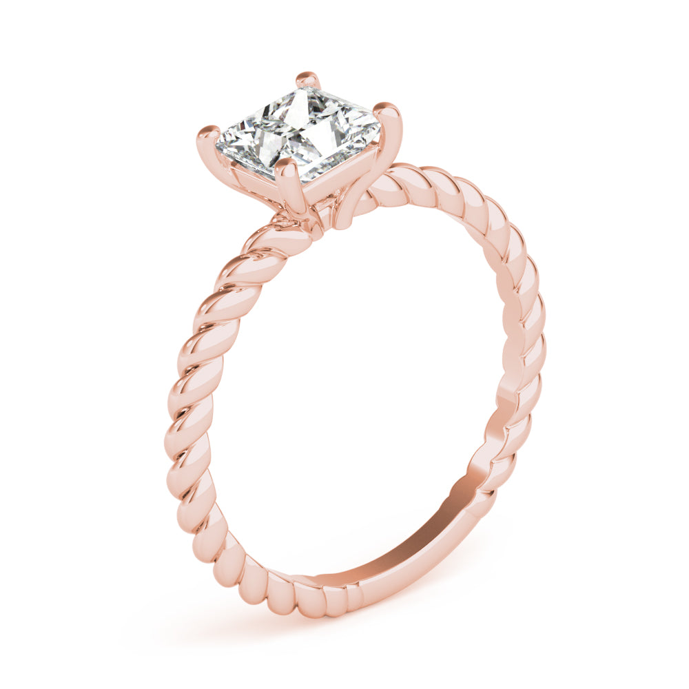 Detailed side view of rose gold rope style setting holding a brilliant princess cut diamond