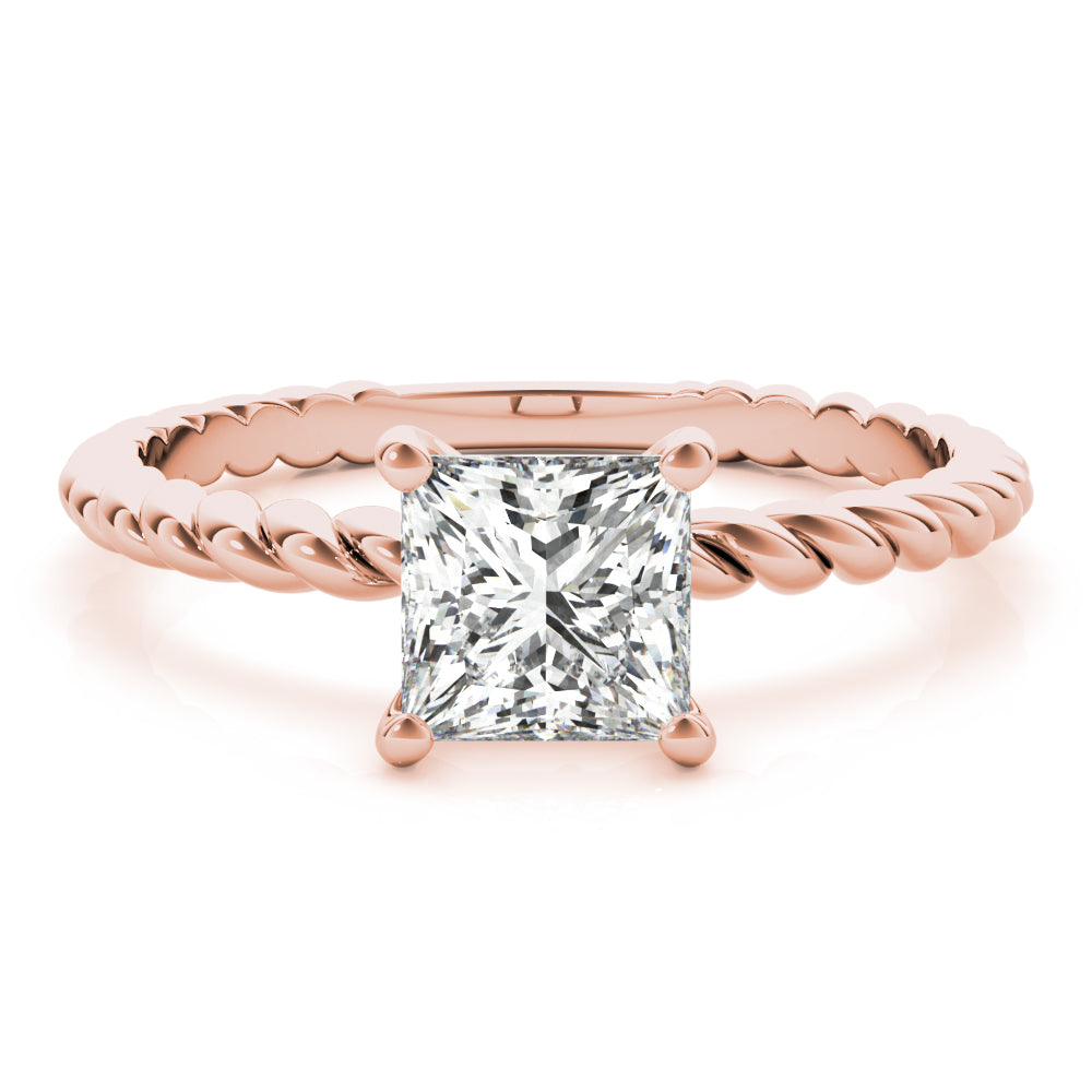 Perfect front facing view of rose gold twisted braided shank engagement ring