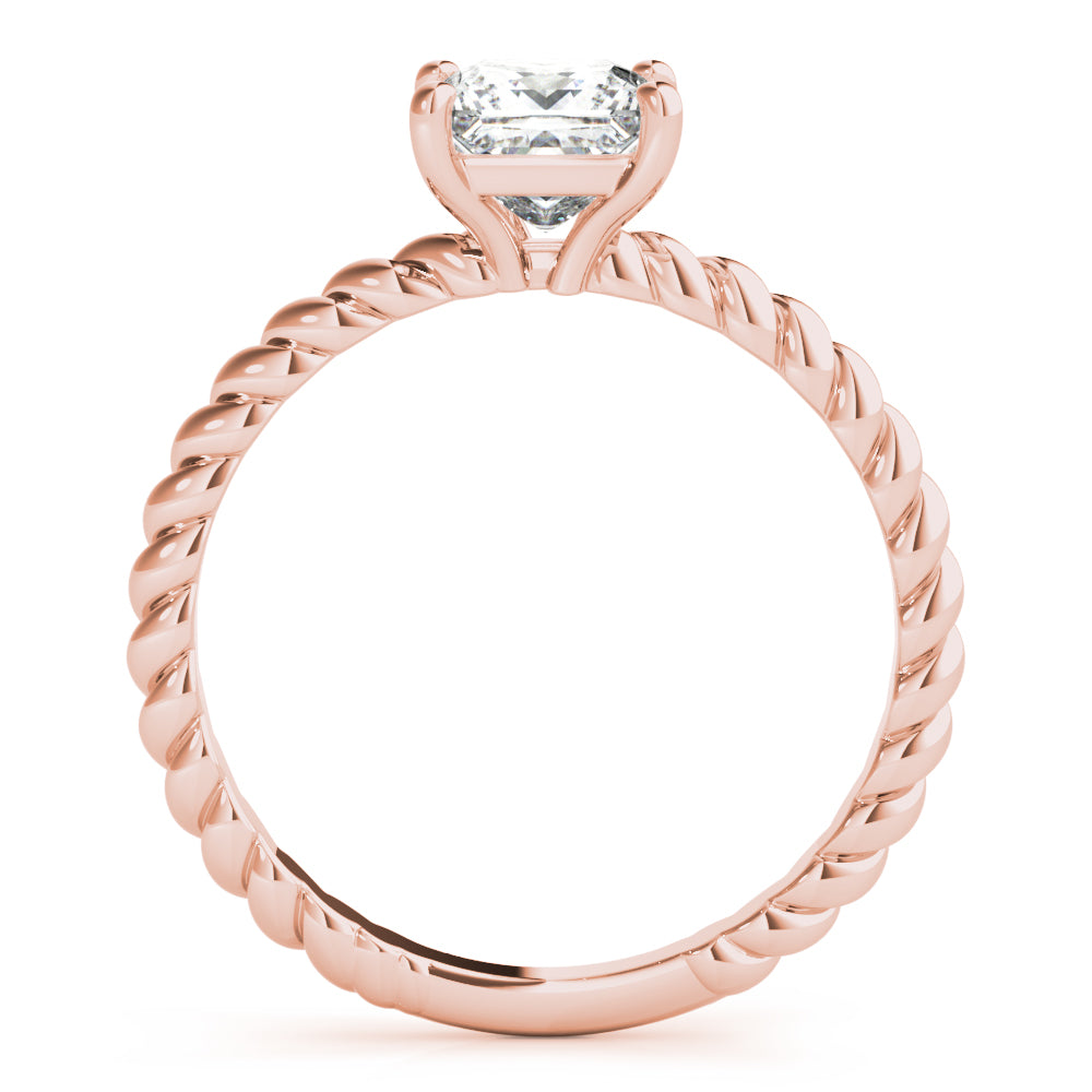 Clear portrait shot of rose gold braided rope style setting holding a square princess cut diamond
