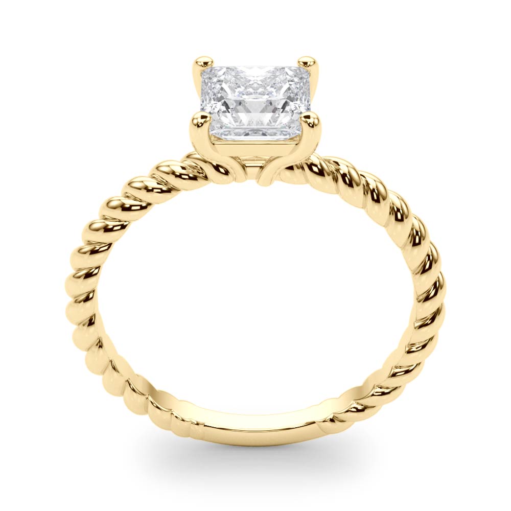 Side angle perspective of yellow gold twisted rope ring highlighting the princess cut diamond setting