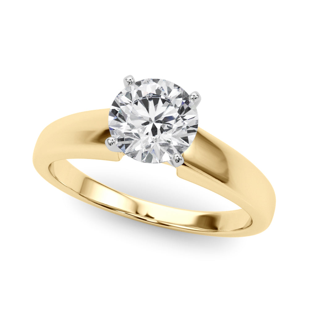 Angled top perspective view of a round brilliant cut lab grown diamond solitaire ring on a 14k yellow gold plain band