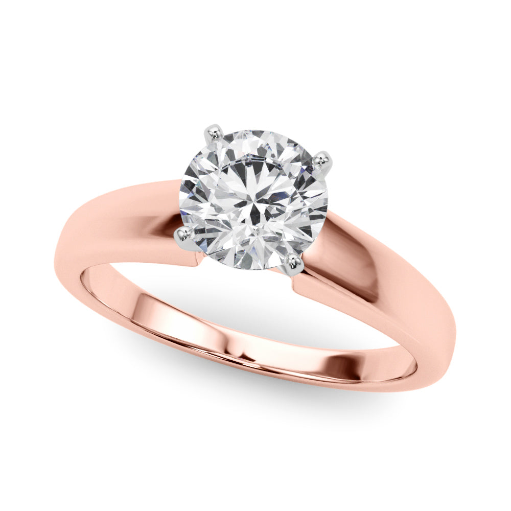 Beautiful angled shot of a rose gold cathedral solitaire engagement ring showcasing a sparkling round cut diamond