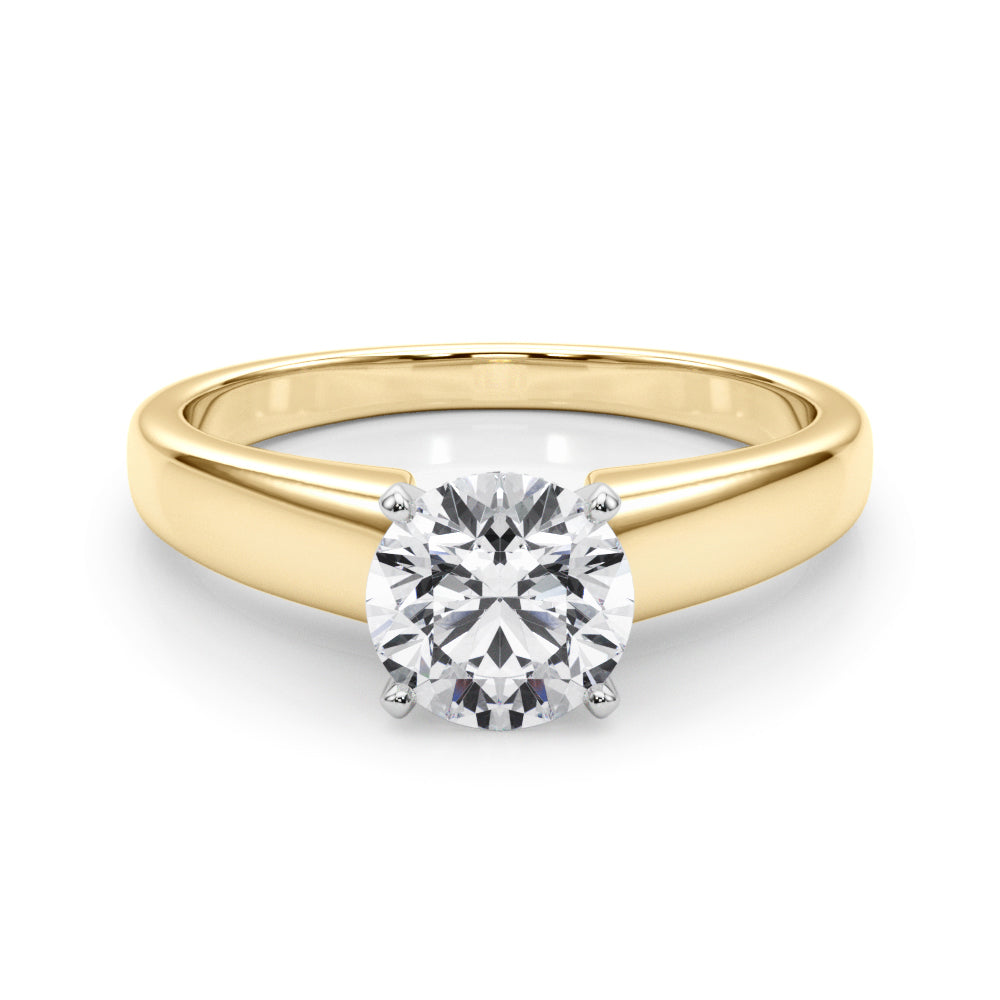 Front view of a round brilliant cut lab grown diamond cathedral solitaire ring in 14k yellow gold
