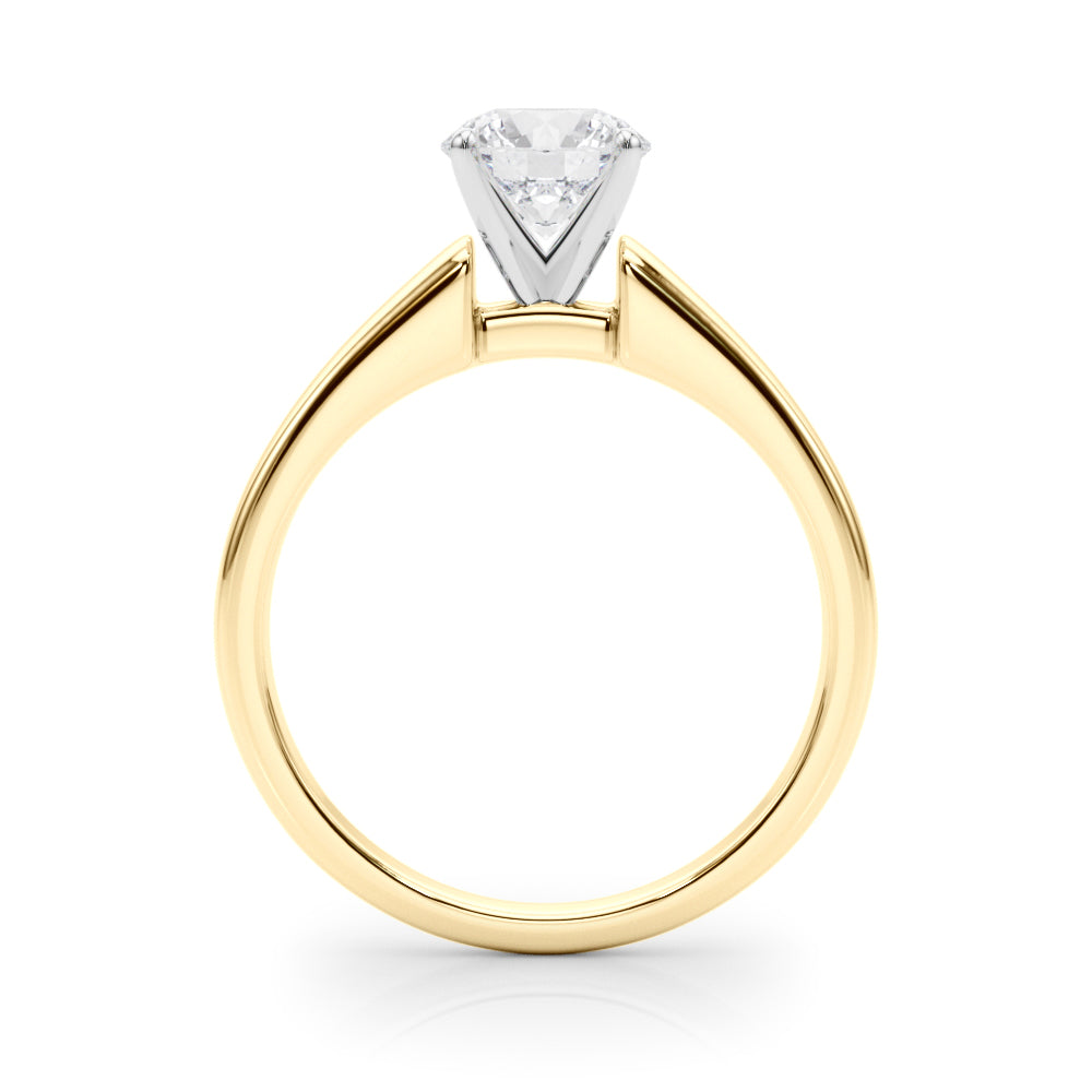 High-resolution front angle presentation of a yellow gold cathedral shank solitaire diamond ring