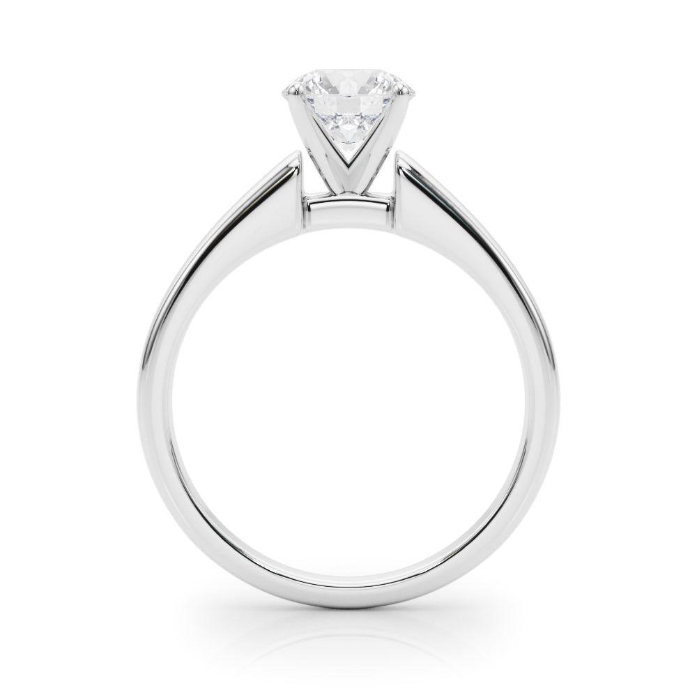 Clear front angle view of a white gold cathedral setting holding a sparkling round diamond