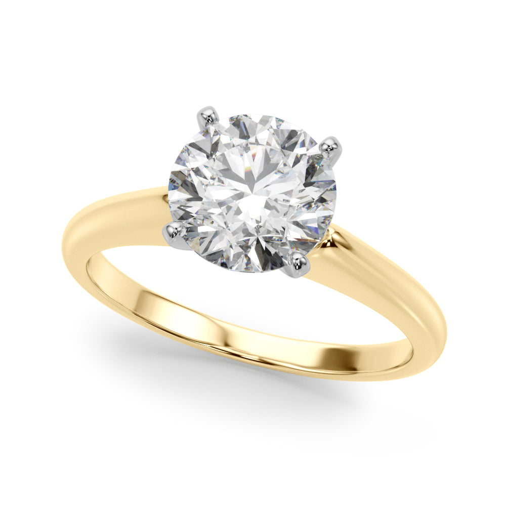 Front view of a round brilliant cut lab grown diamond solitaire ring in yellow gold.