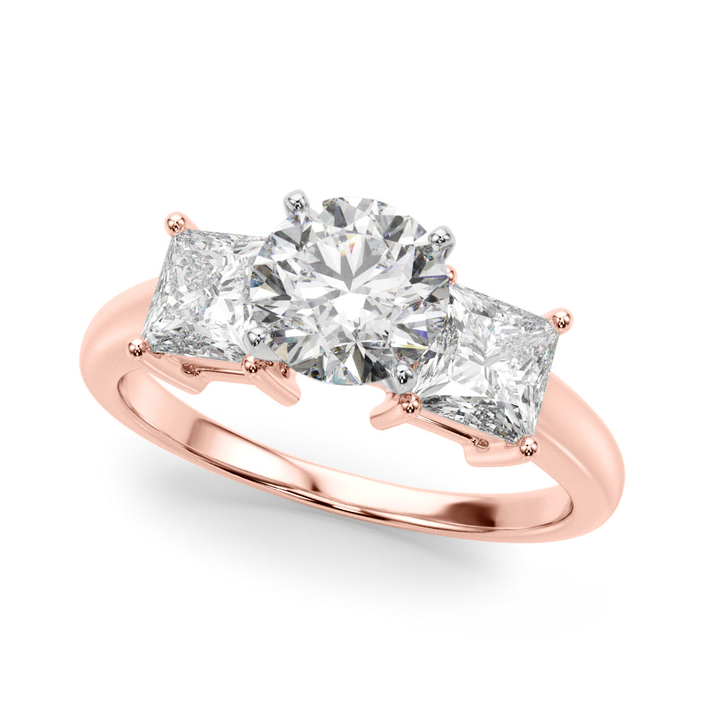 Rose Gold Square Princess Round Diamond 3 Stone Ring