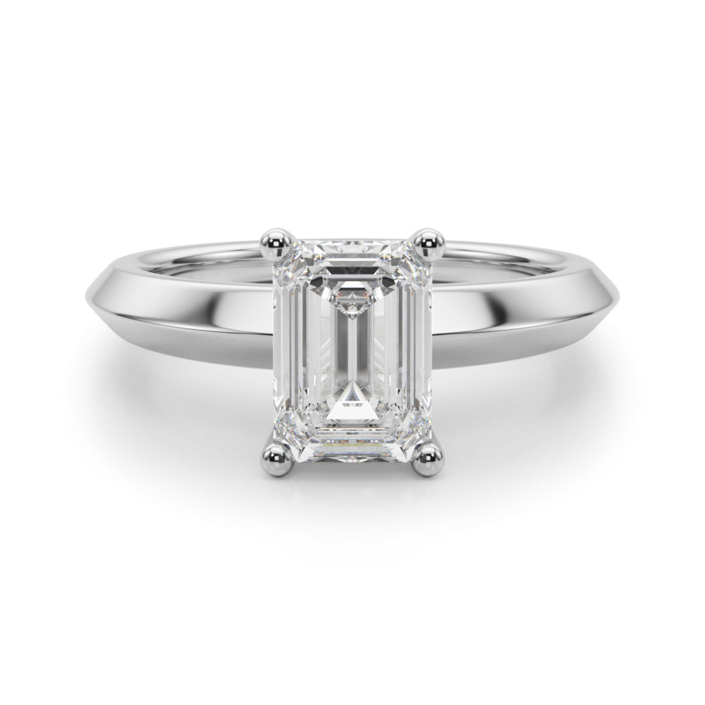 High-resolution front angle shot of white gold knife edge shank solitaire diamond ring