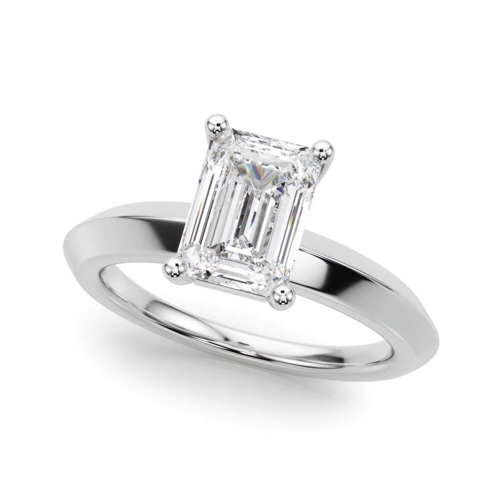 Elegant white gold emerald cut lab created diamond solitaire ring presented in a beautiful perspective view