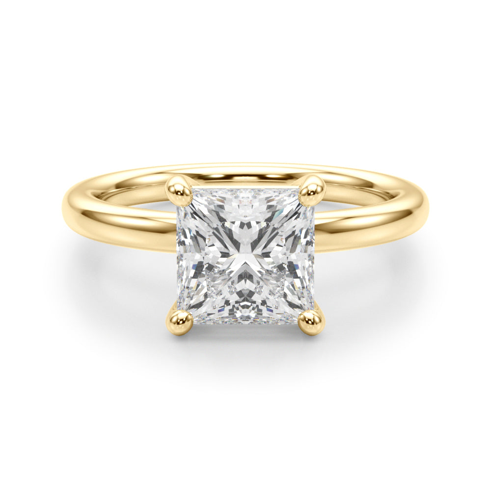 14K yellow gold princess cut diamond solitaire ring showing the high 4-prong basket setting.