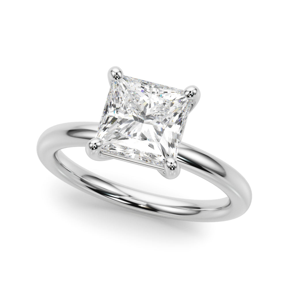 High-brilliance princess cut lab-created diamond solitaire ring in 14K white gold, front view.