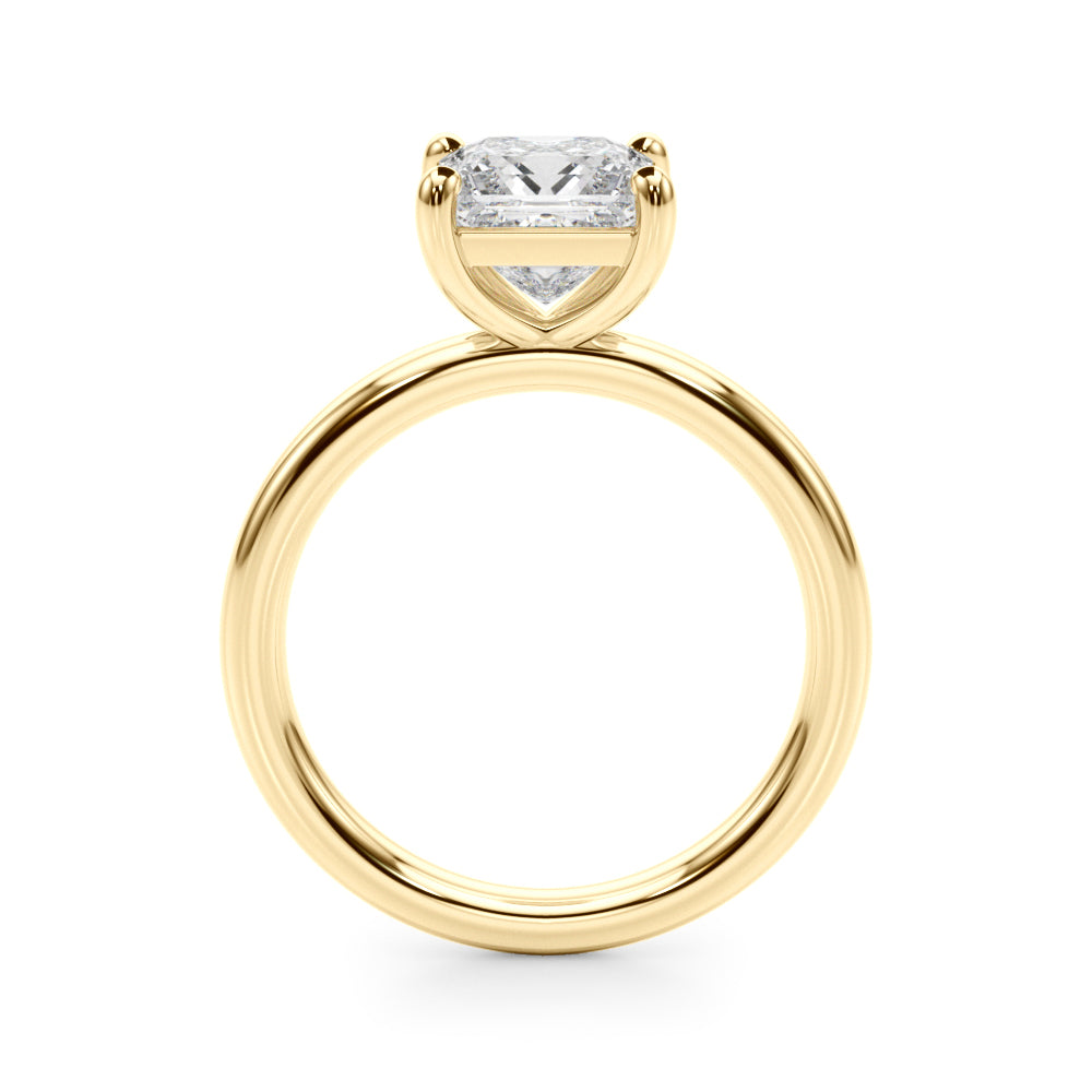 Princess cut lab grown diamond solitaire engagement ring in 14K yellow gold, perspective view.