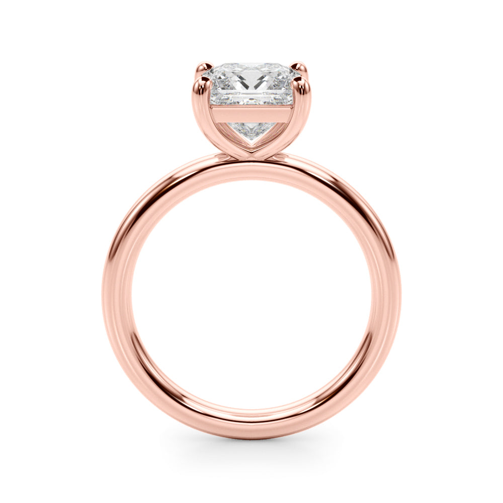 Modern princess cut lab diamond solitaire ring in 14K rose gold, angled view.