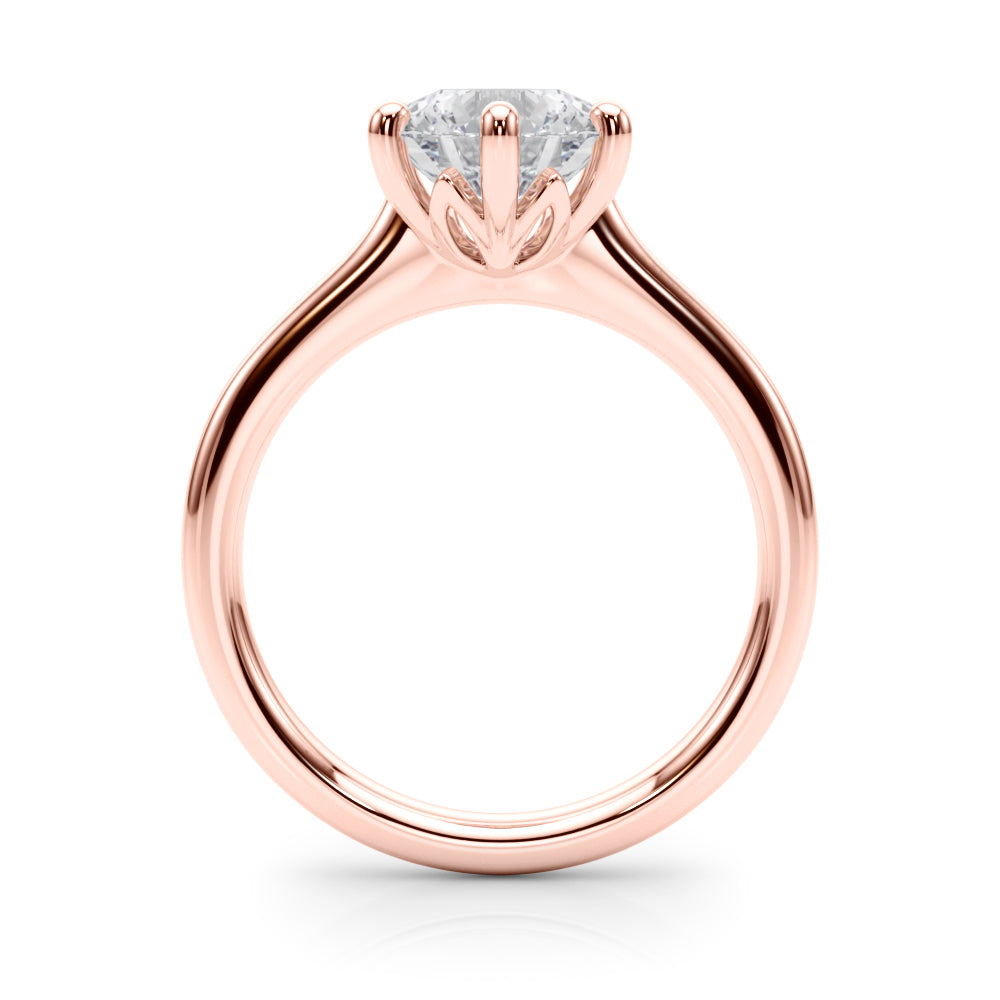 Top-down view of a brilliant round lab diamond in a 6-prong setting