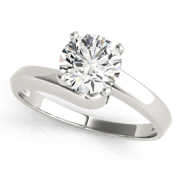 Fine jewelry round cut diamond bypass engagement ring in 14K white gold, top view.