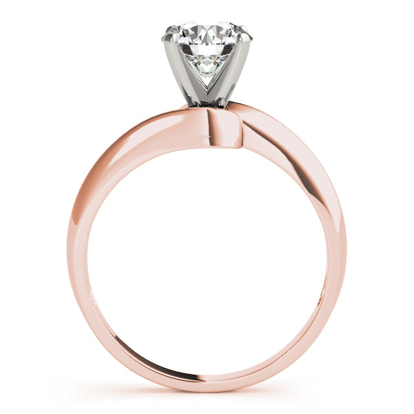 Architectural side view of a round diamond solitaire ring with a twisting shank in 14K rose gold.