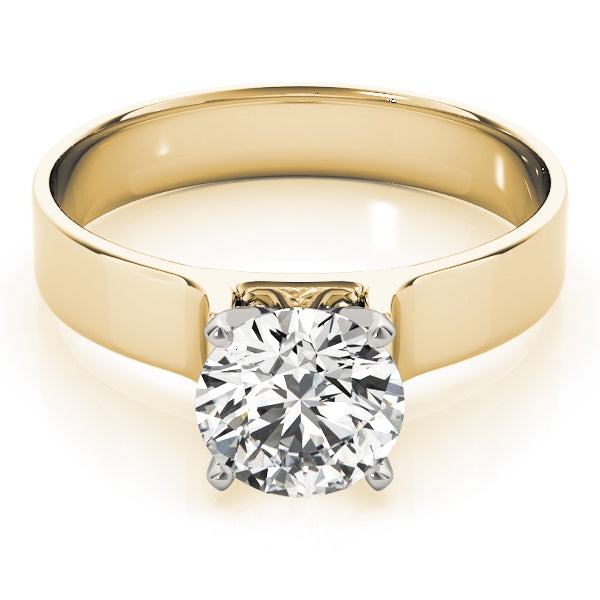 Vertical angled view of a 14K yellow gold round diamond solitaire ring with a flat wide shank.