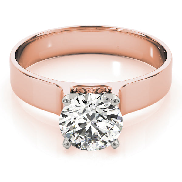 Modern flat wide band round cut diamond solitaire engagement ring in 14K rose gold, vertical view.