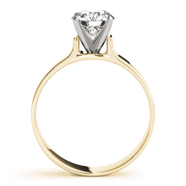 Side profile view of a 14K yellow gold flat wide band ring showing the high-set 4-prong diamond head.