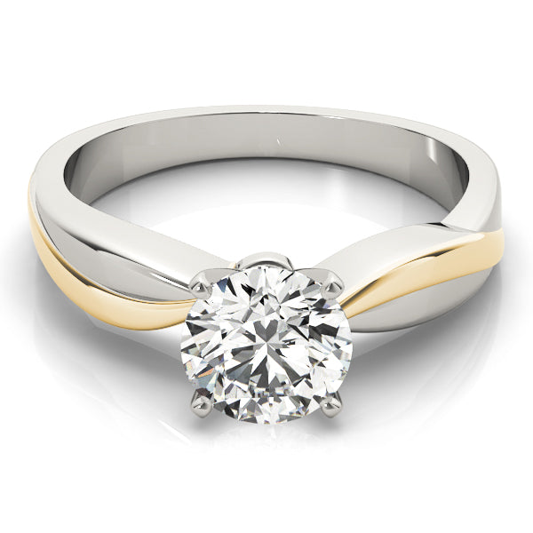 Vertical angled view of a two-tone 14K white and yellow gold bypass solitaire ring with a round diamond.