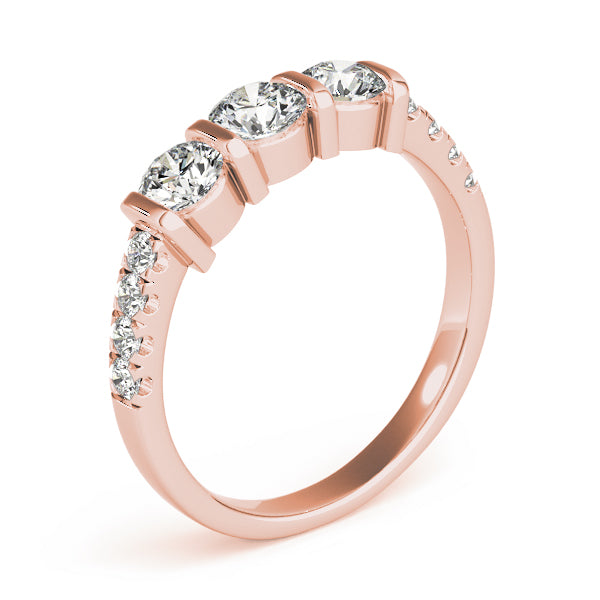 0.95Ct TW Three-Stone Lab Diamond Engagement Ring, F Color VS Clarity in 14k Rose Gold