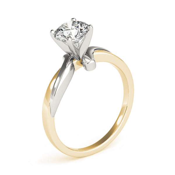 Vertical perspective of a two-tone 14K white and yellow gold bypass solitaire ring with a round diamond.