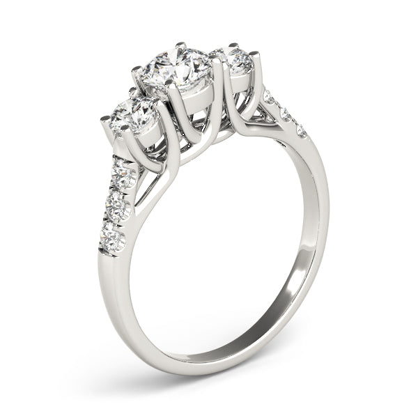 Side Profile View of Round Lab-Grown Diamond Three-Stone Ring, Secure Claw Setting, Solid Gold High-Polished Jewelry Photography.