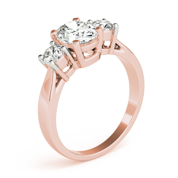 Side Profile of 3.50 Ct Oval Lab Diamond Ring with Round Side Stones, Elegant Triple Stone Setting rose gold