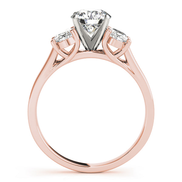 Front View of 3.30 Ct Round Lab Grown Diamond 3 Stone Ring, Oval Side Diamond in Rose Gold
