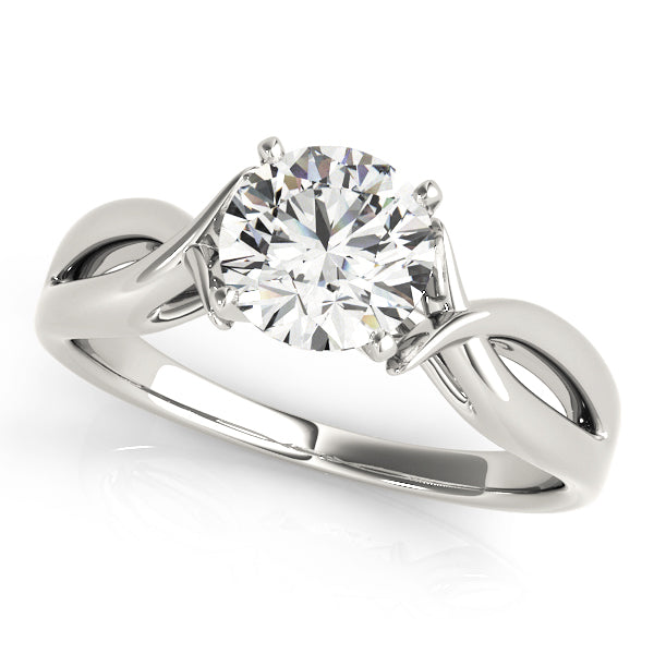 Top view of modern 14k white gold twisted ribbon wedding ring featuring lab created diamond