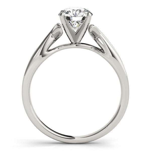 Side view of platinum like 14k white gold cathedral setting holding a round center stone