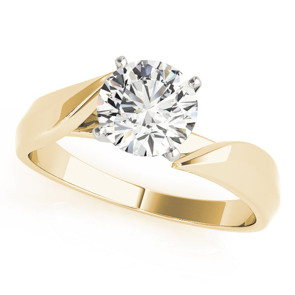 Round cut lab grown diamond solitaire engagement ring in 14K yellow gold with bypass twist band shank.