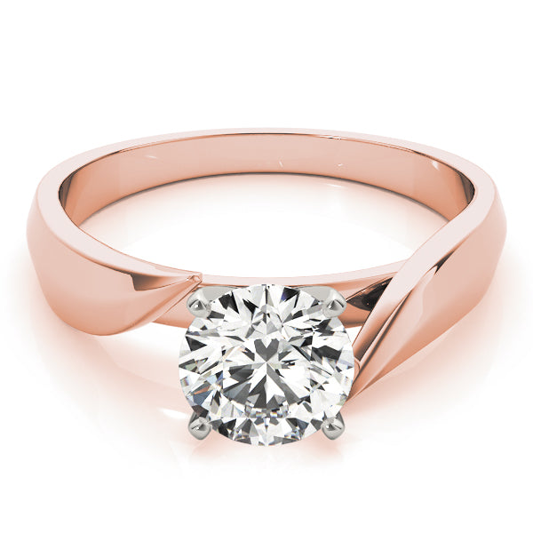 14K rose gold lab grown diamond solitaire ring front angle highlighting the brilliant round cut stone.