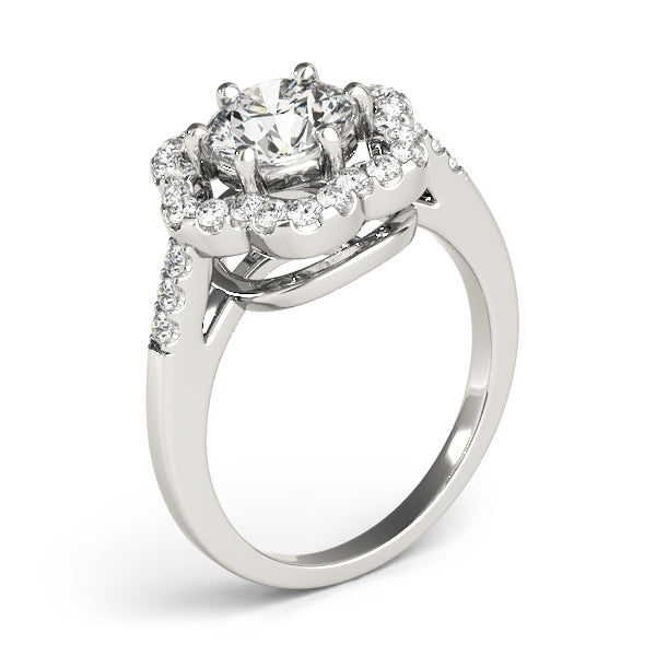 Profile view of a white gold scallop halo ring