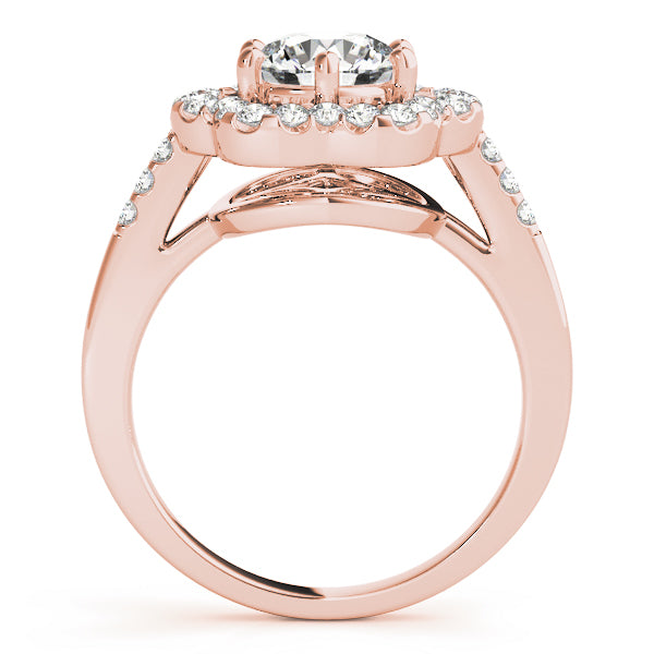 Vertical perspective of a rose gold blossom halo ring