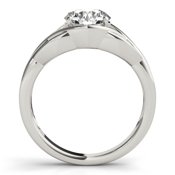 Direct side profile of 14k white gold round diamond ring structure.