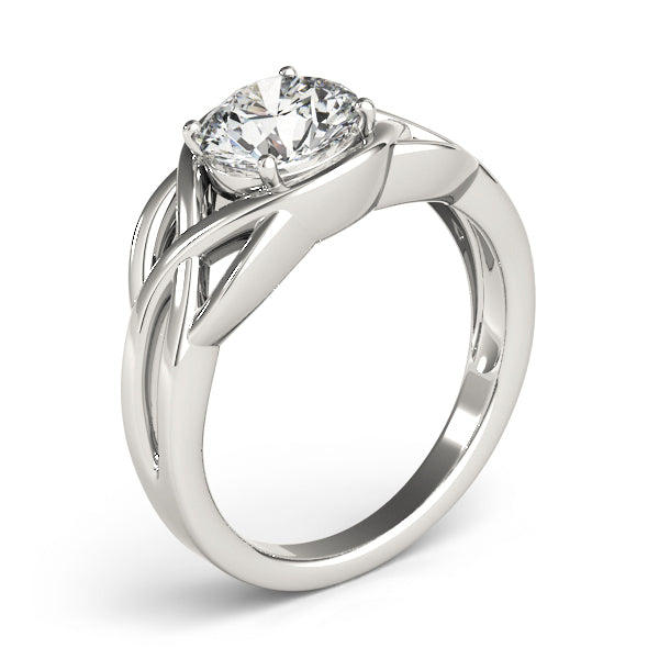 Quarter view of 14k white gold interwoven band with a brilliant round lab diamond.