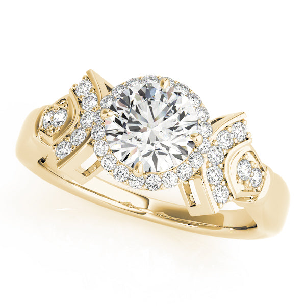 Angled studio view of a 14k yellow gold round cut diamond ring